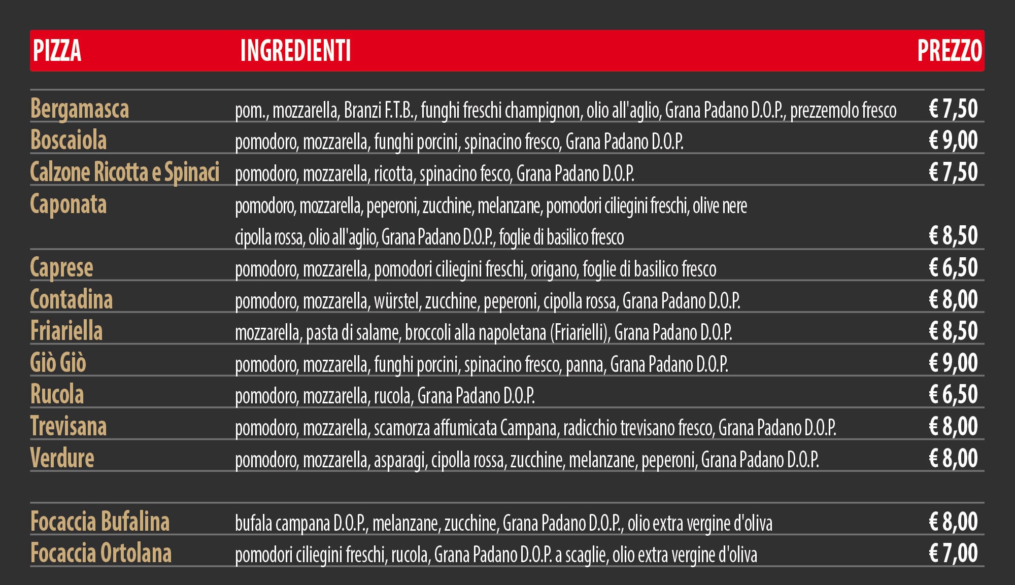 Listino pizze con vegetali - Orto